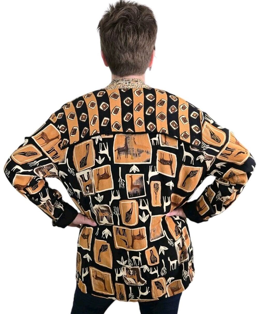 Vintage Jacket M Black Brown Animal Print Tribal Safari Boho Art To Wear Travel